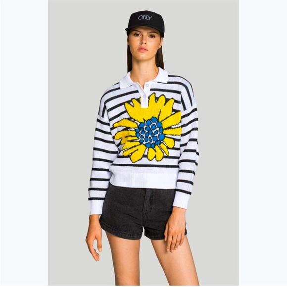 NWOT OBEY FLOWER STRIPE POLO SWEATER (XS) - Picture 1 of 5